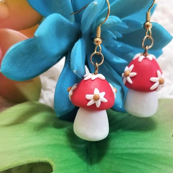 Artisan Earrings. Mushrooms with Flowers. Red & White. Pierced. - Picture 4 of 4